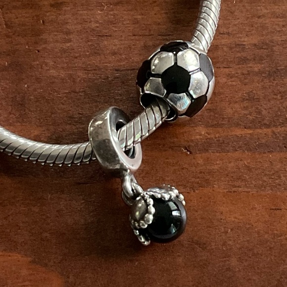 Pandora Beautiful Game Pair of 2 Charms Football Soccer Ball and Onyx Dangler - Picture 2 of 4